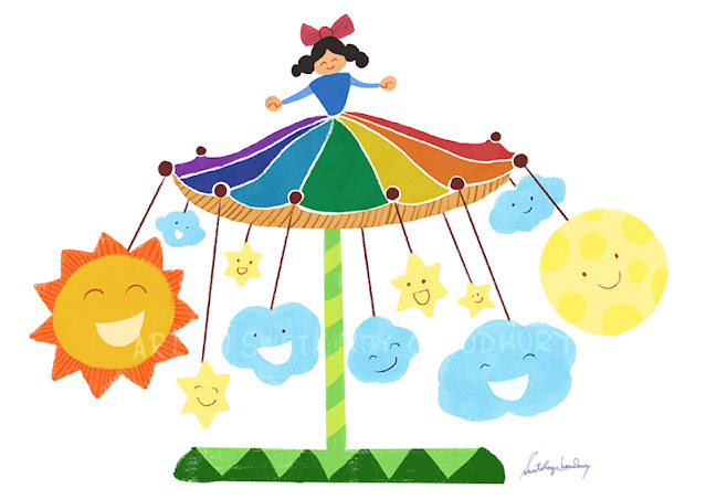 A cheerful girl named Sky twirls in a rainbow-colored skirt that transforms into a carousel with the Sun, Moon, clouds, and stars spinning around her.