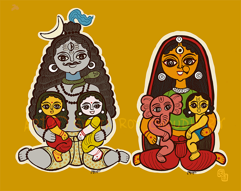 Illustration of Durga, Shiva, and their children, inspired by Bengal’s Tenpa Putul clay dolls, by Sweta Roy Choudhury