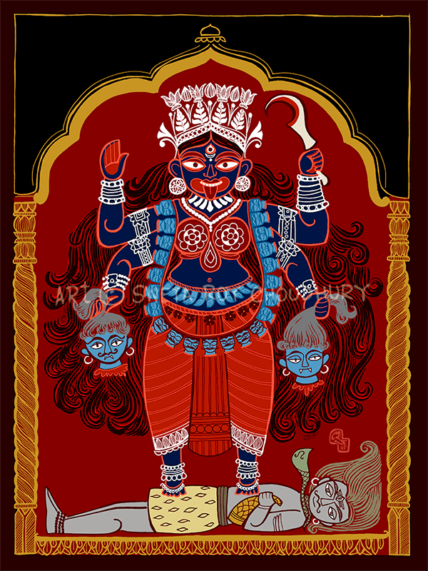 Maa Kali illustration inspired by Bengal terracotta temple art and Alpana folk motifs by Sweta Roy Choudhury