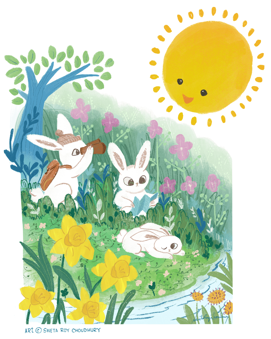 A group of bunnies with maps and binoculars search for a path in spring. One bunny naps peacefully on soft green grass.
