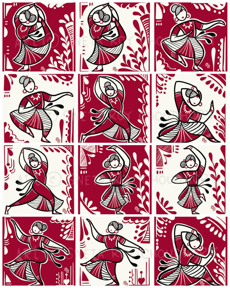 Miniature illustrations of Indian classical dance poses, drawn in 1x1 inch squares by Sweta Roy Choudhury.