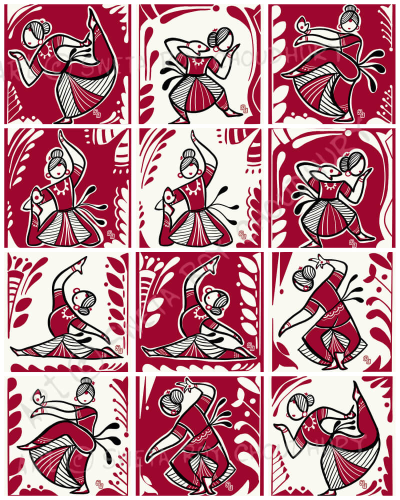 Miniature illustrations of Indian classical dance poses, drawn in 1x1 inch squares by Sweta Roy Choudhury.