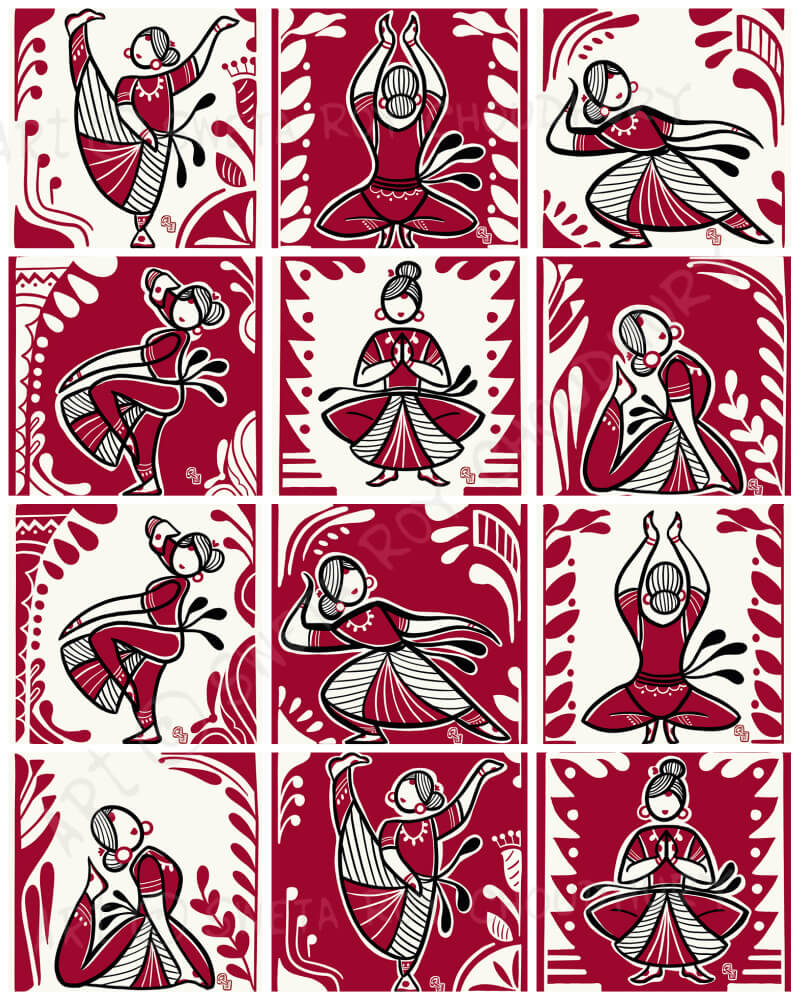 Miniature illustrations of Indian classical dance poses, drawn in 1x1 inch squares by Sweta Roy Choudhury.