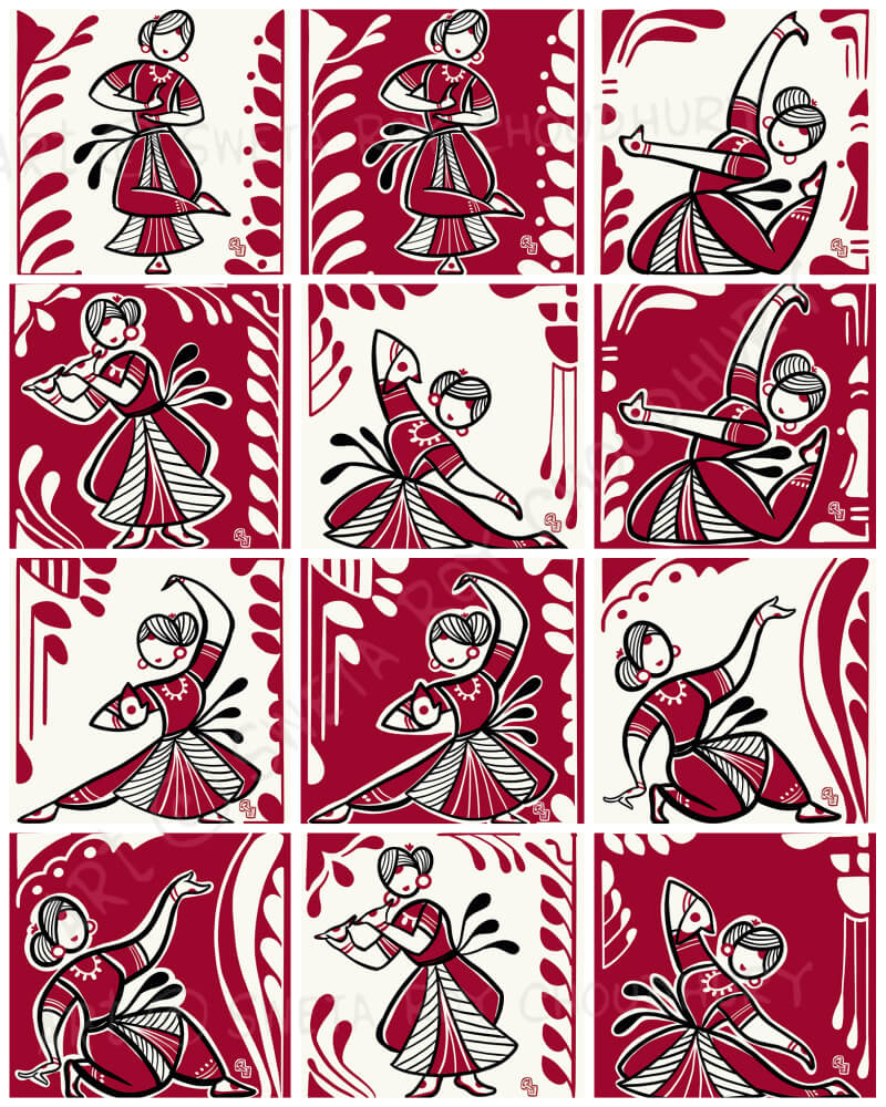 Miniature illustrations of Indian classical dance poses, drawn in 1x1 inch squares by Sweta Roy Choudhury.