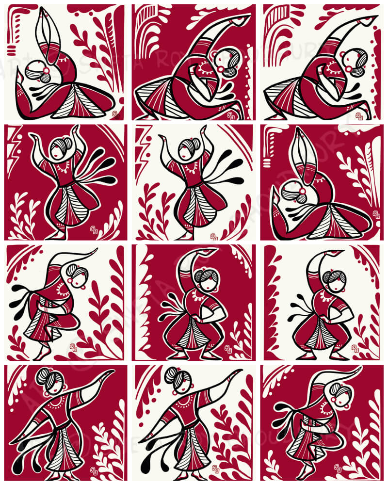 Miniature illustrations of Indian classical dance poses, drawn in 1x1 inch squares by Sweta Roy Choudhury.