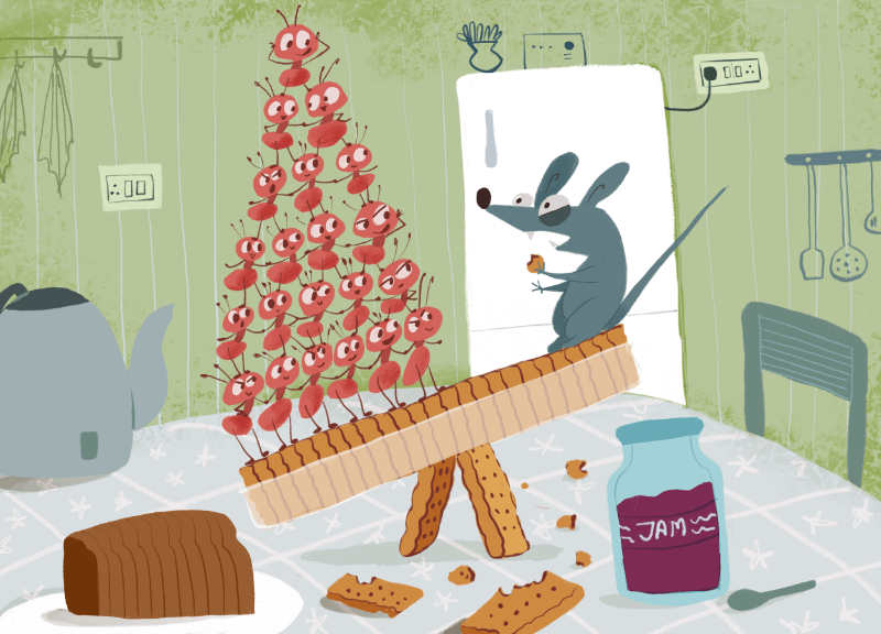 A mouse and a team of ants struggle over a pack of biscuits; the mouse looks determined, while the ants work together to pull it away.