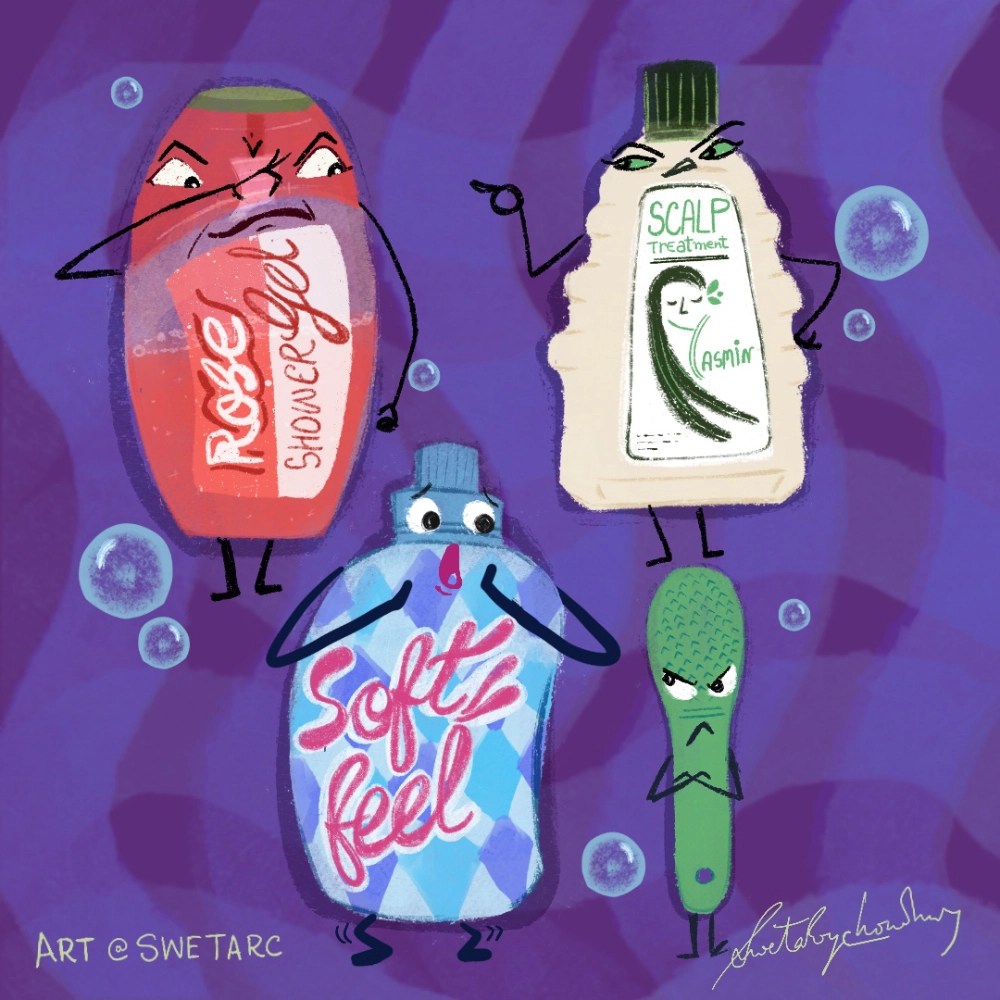 Various bathroom items like shampoo and soap bottles with playful facial expressions, arranged around a sink and mirror in a lively, cartoonish scene.