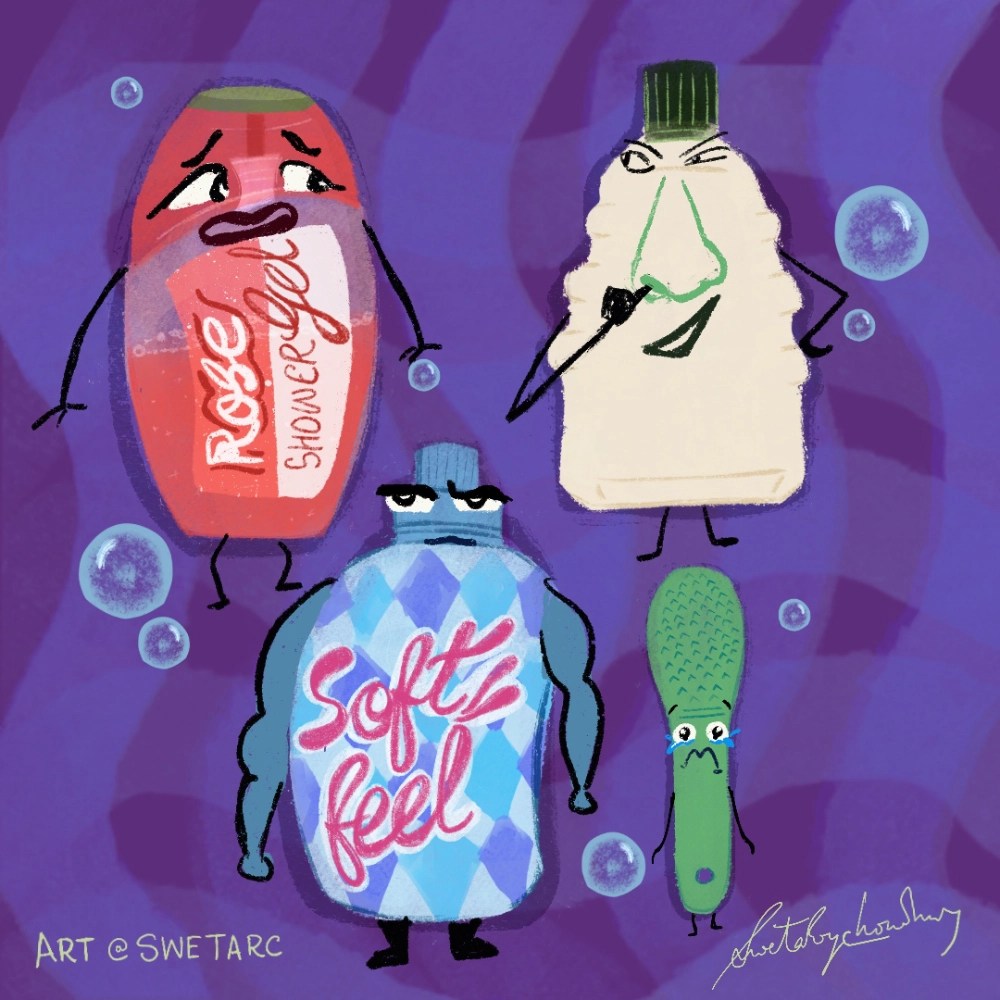 Various bathroom items like shampoo and soap bottles with playful facial expressions, arranged around a sink and mirror in a lively, cartoonish scene.