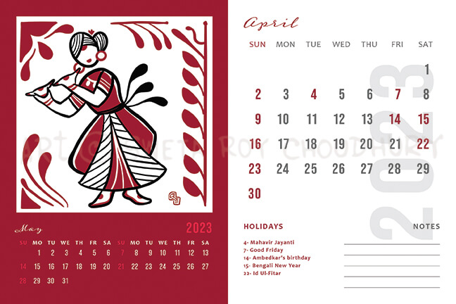 Calendar page featuring a 1x1 inch ink illustration of an Indian classical dance pose by Sweta Roy Choudhury.