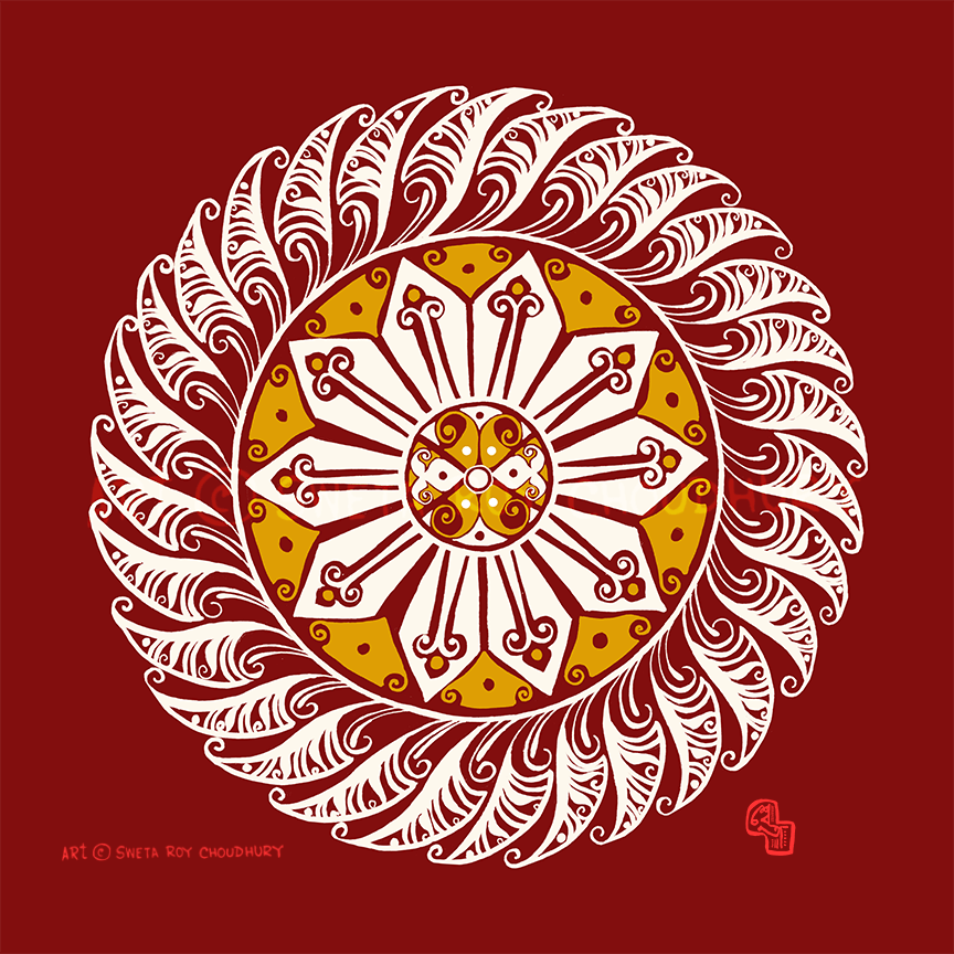Red and white Aplona Mandala design with intricate patterns of Indian folk art