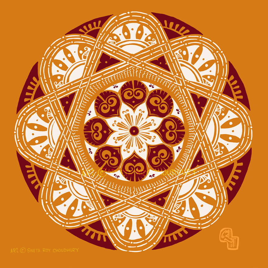Yellow, red and white Aplona Mandala design with intricate patterns of Indian folk art