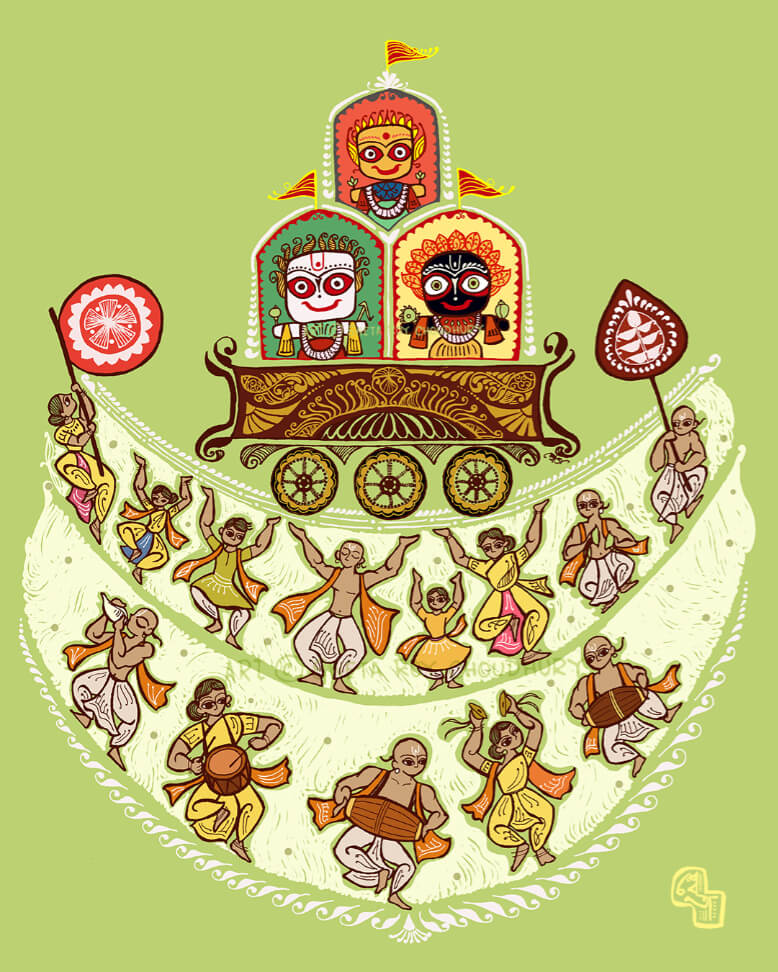 Rath Yatra illustration with Alpana motifs, terracotta-inspired figures, and a deula-shaped chariot by Sweta Roy Choudhury.