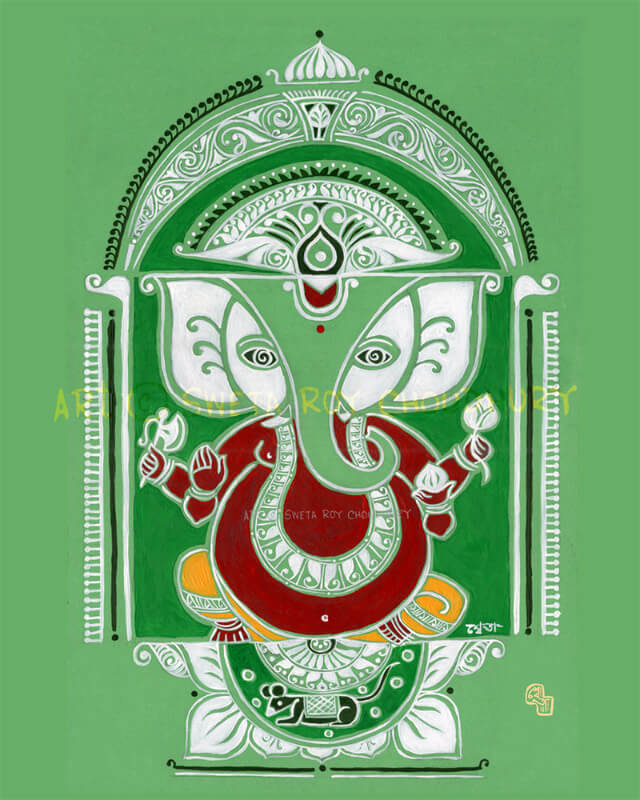 Acrylic painting of Lord Ganesha inspired by a twilight cloud and decorated with Alpana folk motifs by Sweta Roy Choudhury.