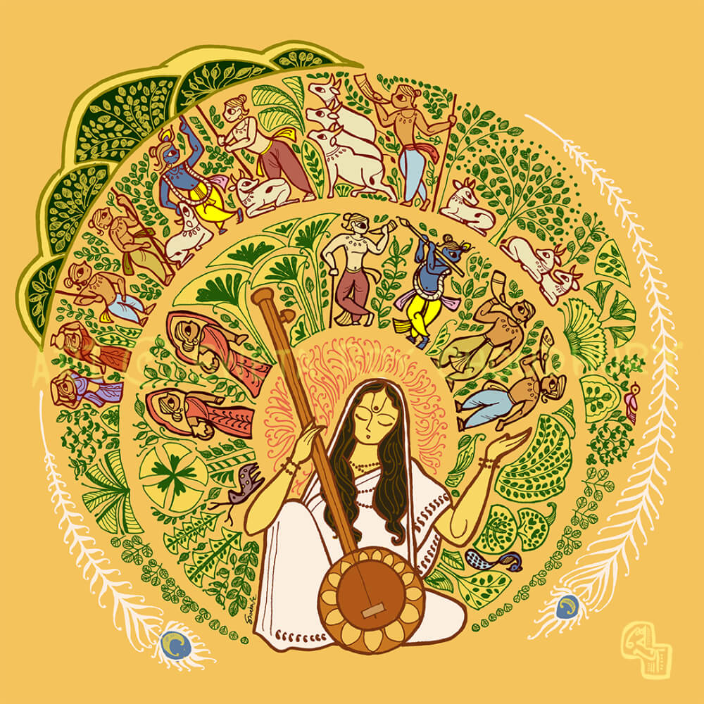 Illustration of Mirabai with Krishna, featuring Govardhan Hill legend and flute-playing scene, inspired by devotional themes and Indian folk art, by Sweta Roy Choudhury.