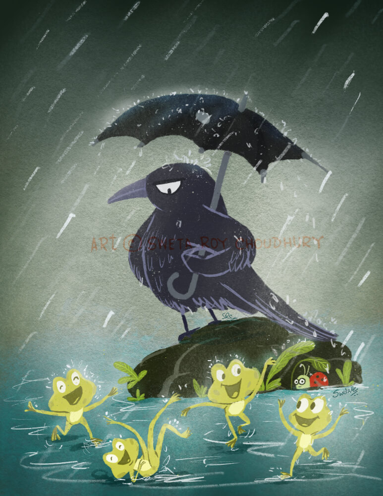 Frogs dancing joyfully in the rain, a crow stands nearby with a hole in his umbrella, and a ladybird walks past holding a leaf umbrella.