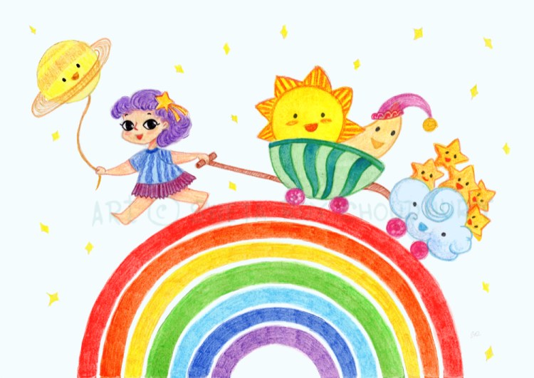 A girl with purple hair and a star clip pulls a toy cart with the Sun, Moon, cloud, and waving stars, walking along a rainbow path with her balloon named Saturn.