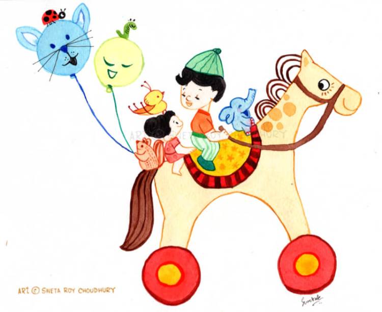 Two siblings ride a wheeled toy horse with a happy toy elephant in front, a bird and squirrel riding along, and two balloons carrying a ladybird and caterpillar.