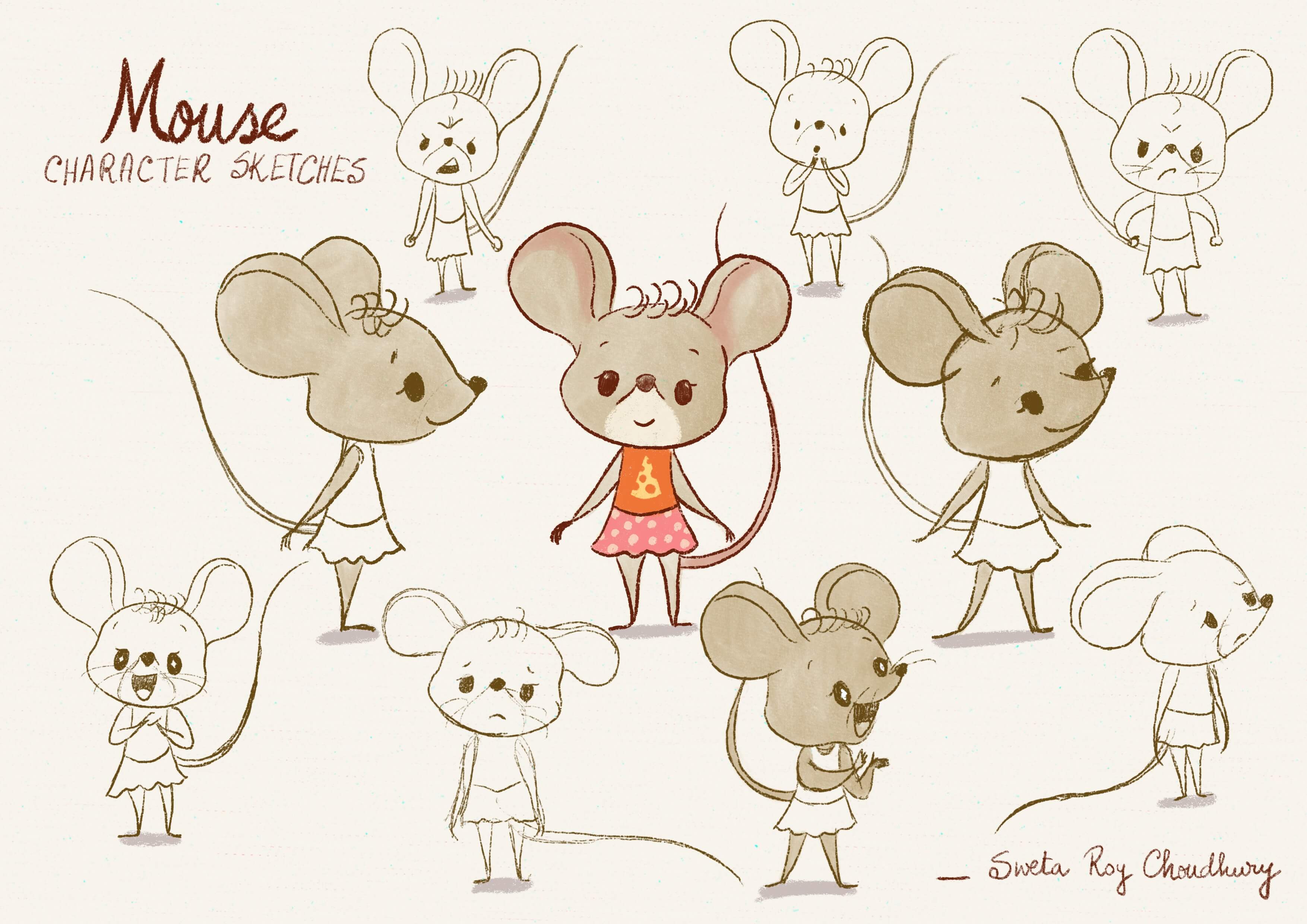 This illustration explores a mouse character through varied expressions.